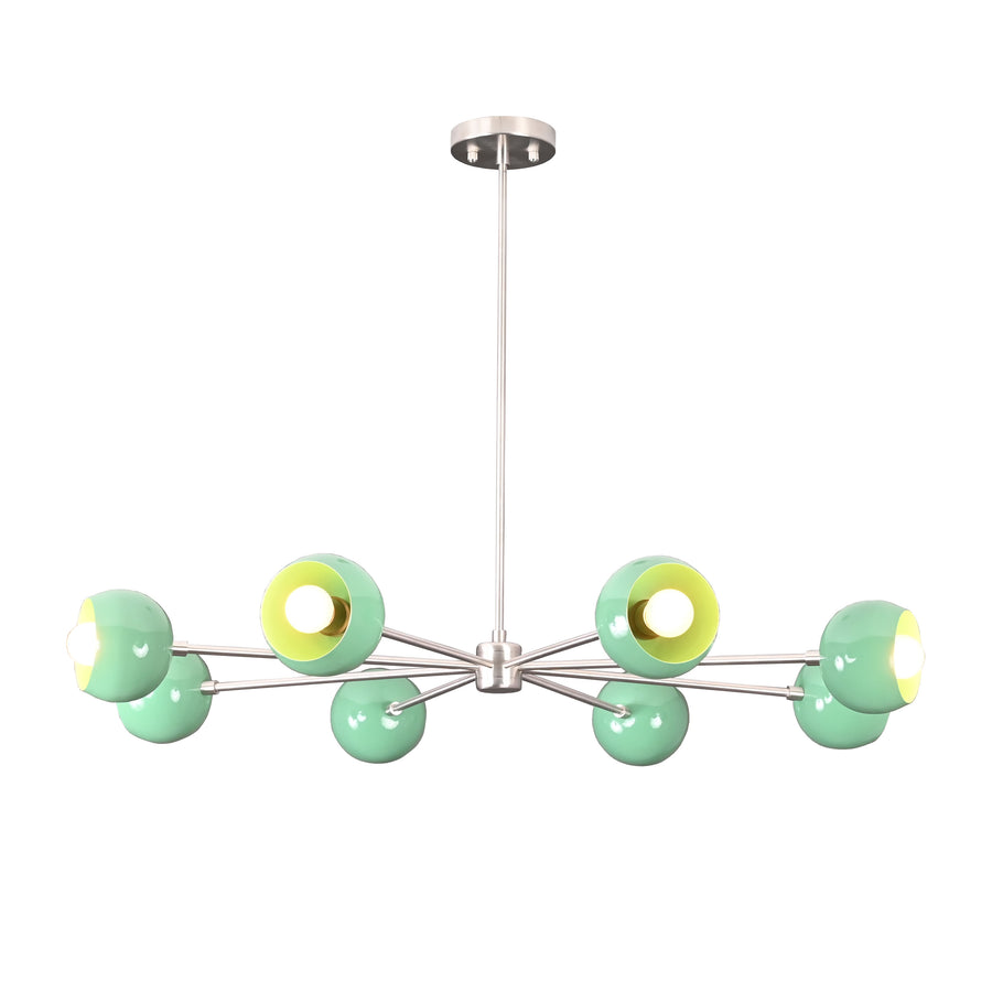 7 bowl green sputnik chandelier shown in chrome finish with modern industrial styling and solid metal arms