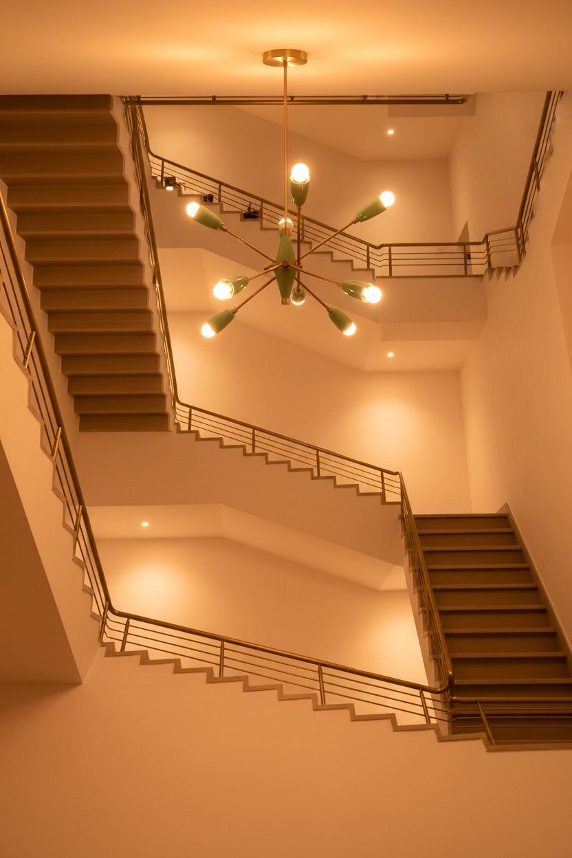 7-light semi flush Sputnik chandelier with mint green shades and multi-directional warm ambient lighting