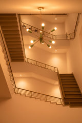 7-light semi flush Sputnik chandelier with mint green shades and multi-directional warm ambient lighting