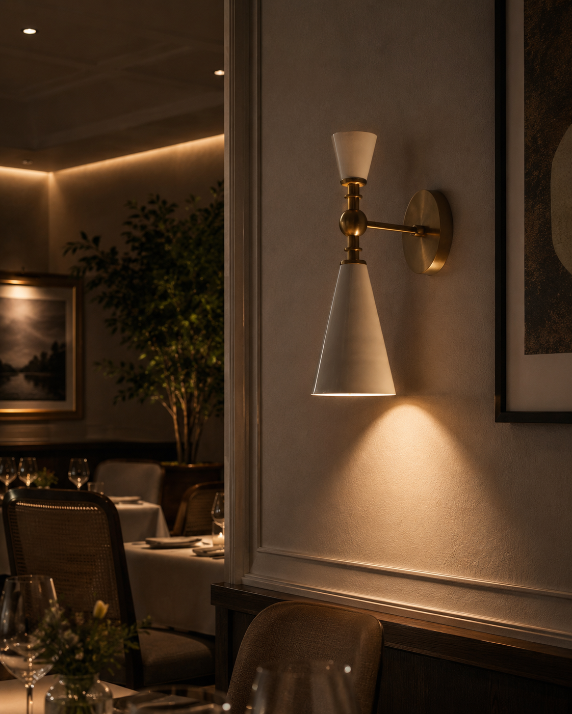 Copenhagen Cone Wall Sconce – White Enamel Shade With Brushed Brass Arm – Model 72207