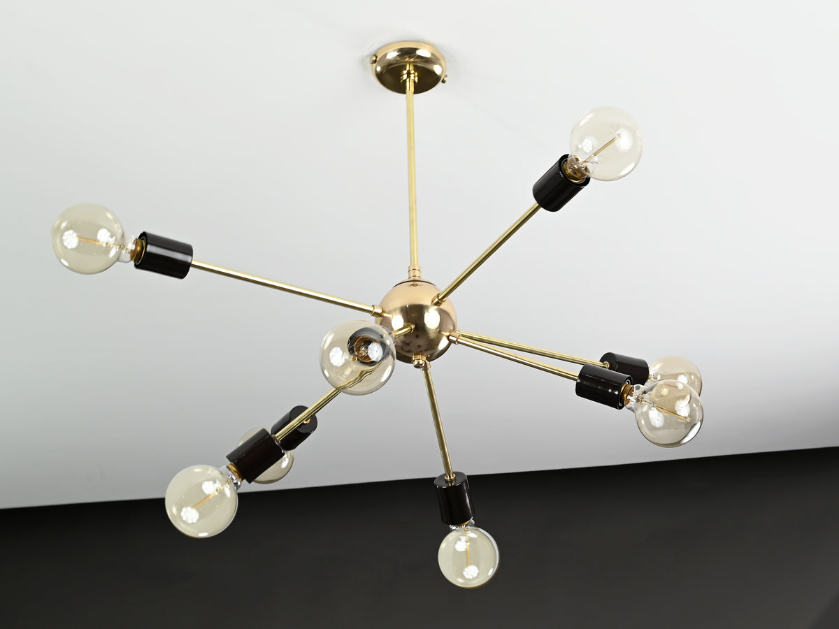 Mid-Century 8-Light Brass & Black Sputnik Chandelier – Modern Minimalist Ceiling Light - 32163