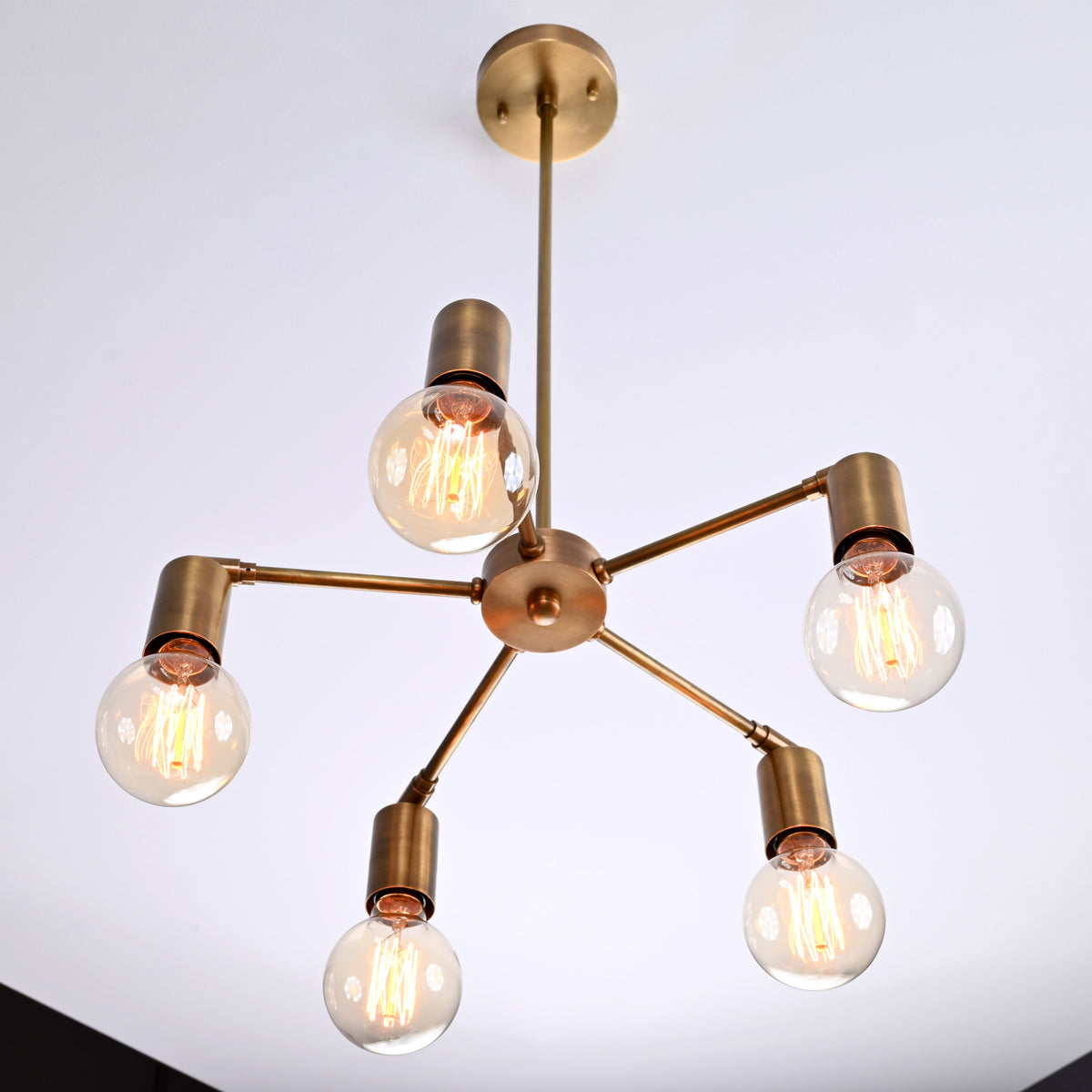 Modern 5-Light Brass Chandelier – Starburst Ceiling Fixture with Exposed Edison Bulbs - 32203