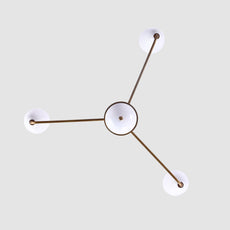 Mid-Century 4-Light Brass & Wood Chandelier – Sculptural Arm Fixture with Opal Glass Shades - 32215
