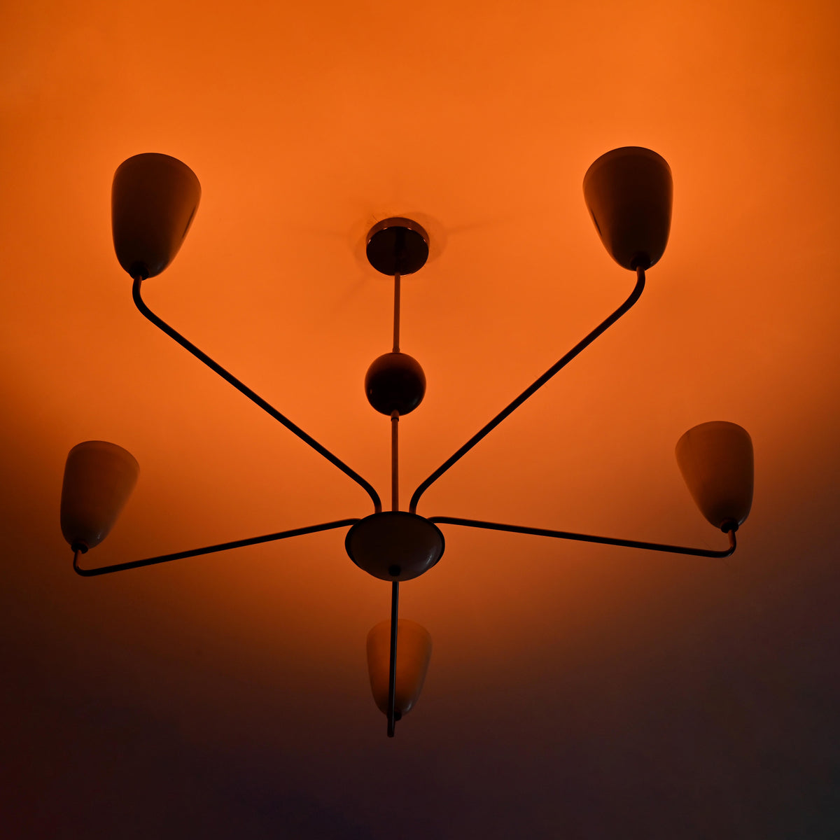 Mid-Century 6-Light Black & Wood Chandelier – Sculptural Arm Fixture with Opal Glass Shades - 32216