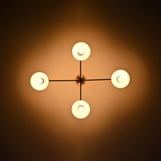 Brass Leaf Studio Industrial Brass Made, Diabolo Ceiling Chandelier Light Peach Color 8 Lights 4 Arms Elegant Pendant Stilnovo Style Mid Century