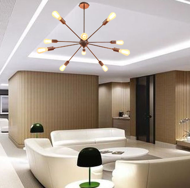 Warm Brass Bare Bulb Sputnik Chandelier – Industrial Mid-Century Modern Ceiling Pendant Light - 32140