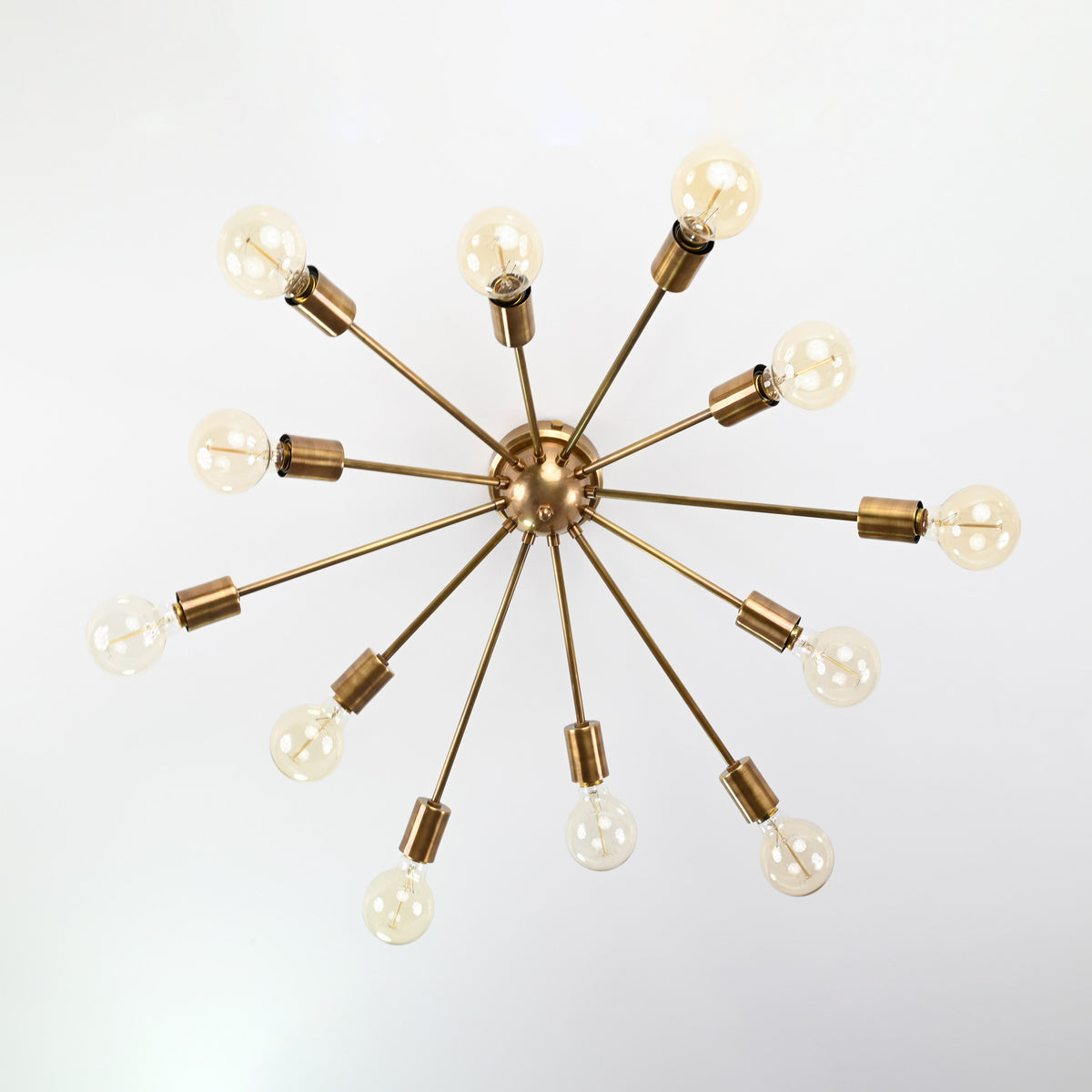 Antique Brass 12-Light Sputnik Chandelier – Industrial Mid-Century Flush Mount Starburst Ceiling Light Base - 32152