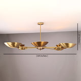 8-light mid-century brass disc chandelier with 64-inch width and 23-inch height shown in brushed brass finish.