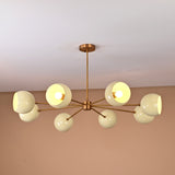 8-light modern brass chandelier with cream dome shades, handcrafted ceiling light by Brass Leaf Studio