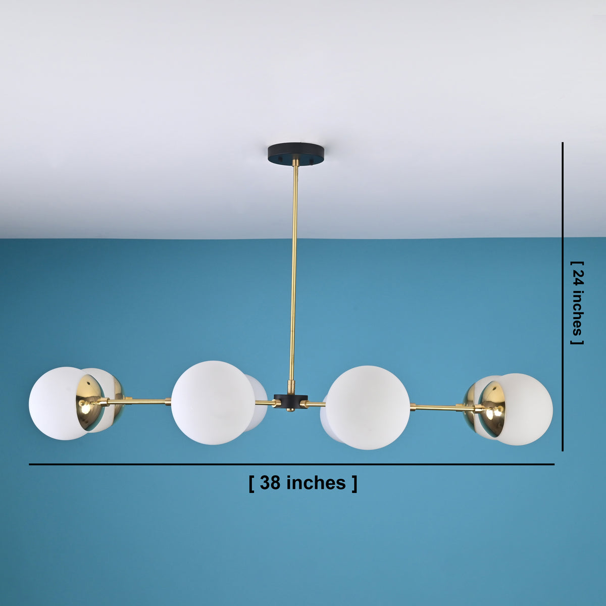 8-light brass globe chandelier showing 38-inch width and 24-inch height dimensions with opal glass globes and linear brass arms.