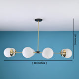 8-light brass globe chandelier showing 38-inch width and 24-inch height dimensions with opal glass globes and linear brass arms.