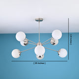 8 light brass globe chandelier showing 35 inch width and 24 inch height with modern mid century design