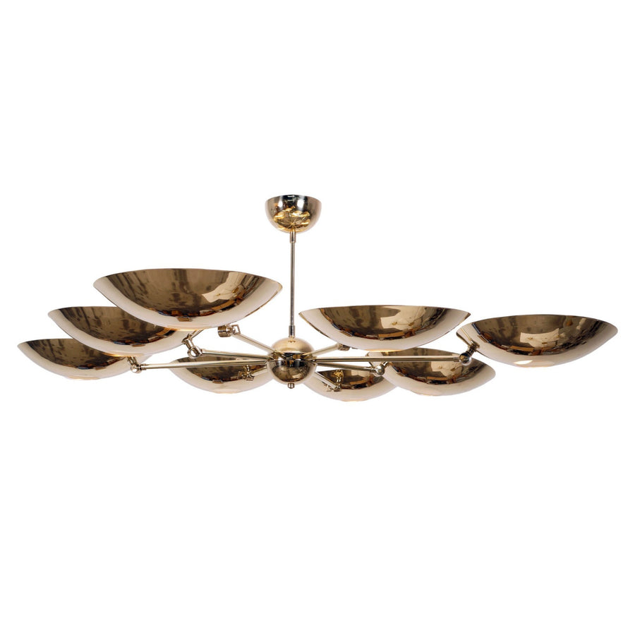 8 Light Polished Brass Bowl Chandelier with sculptural reflective shades and central brass stem – handcrafted modern ceiling light by Brass Leaf Studio