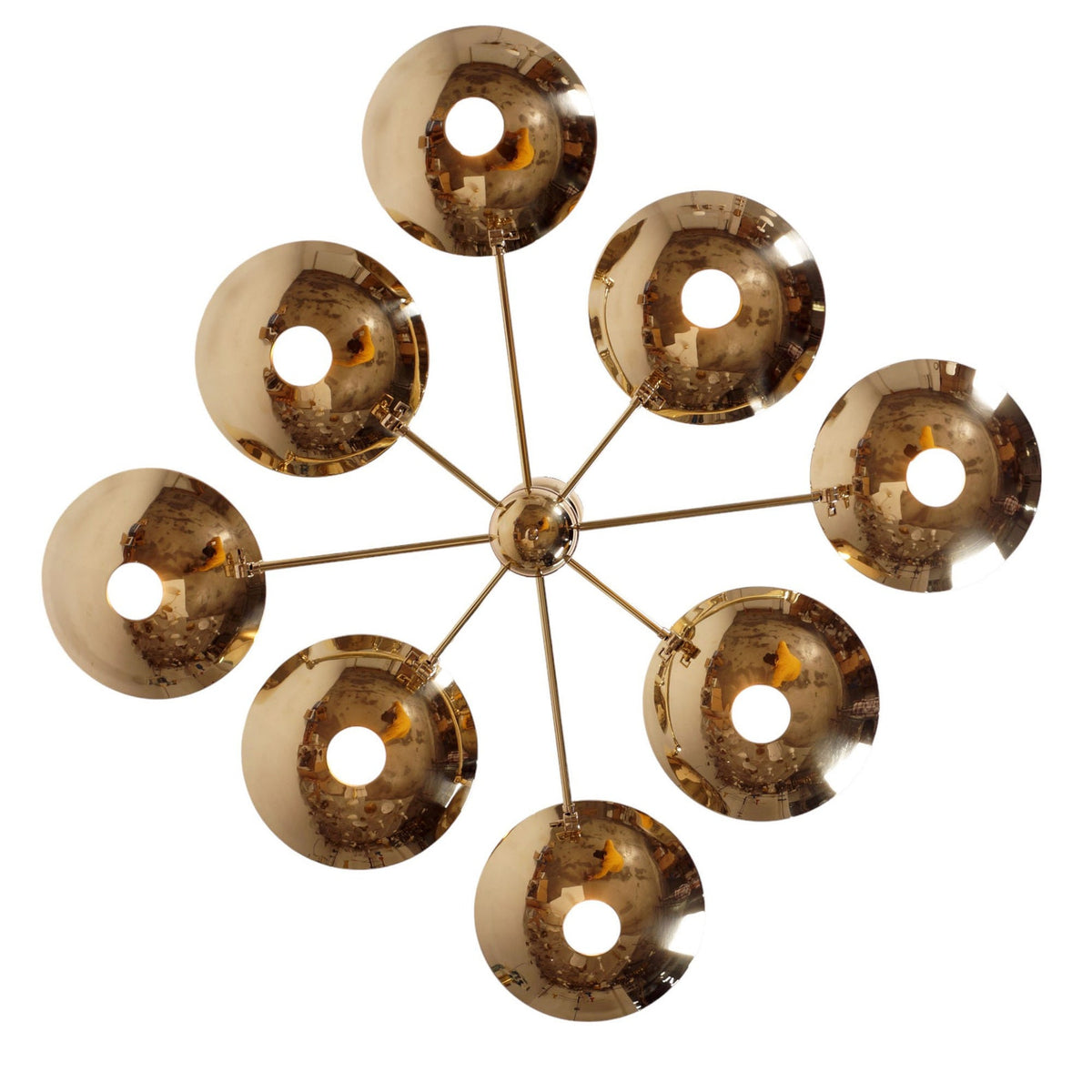 Top view of 8 Light Polished Brass Bowl Chandelier featuring geometric arrangement of glossy brass bowls in a radial pattern
