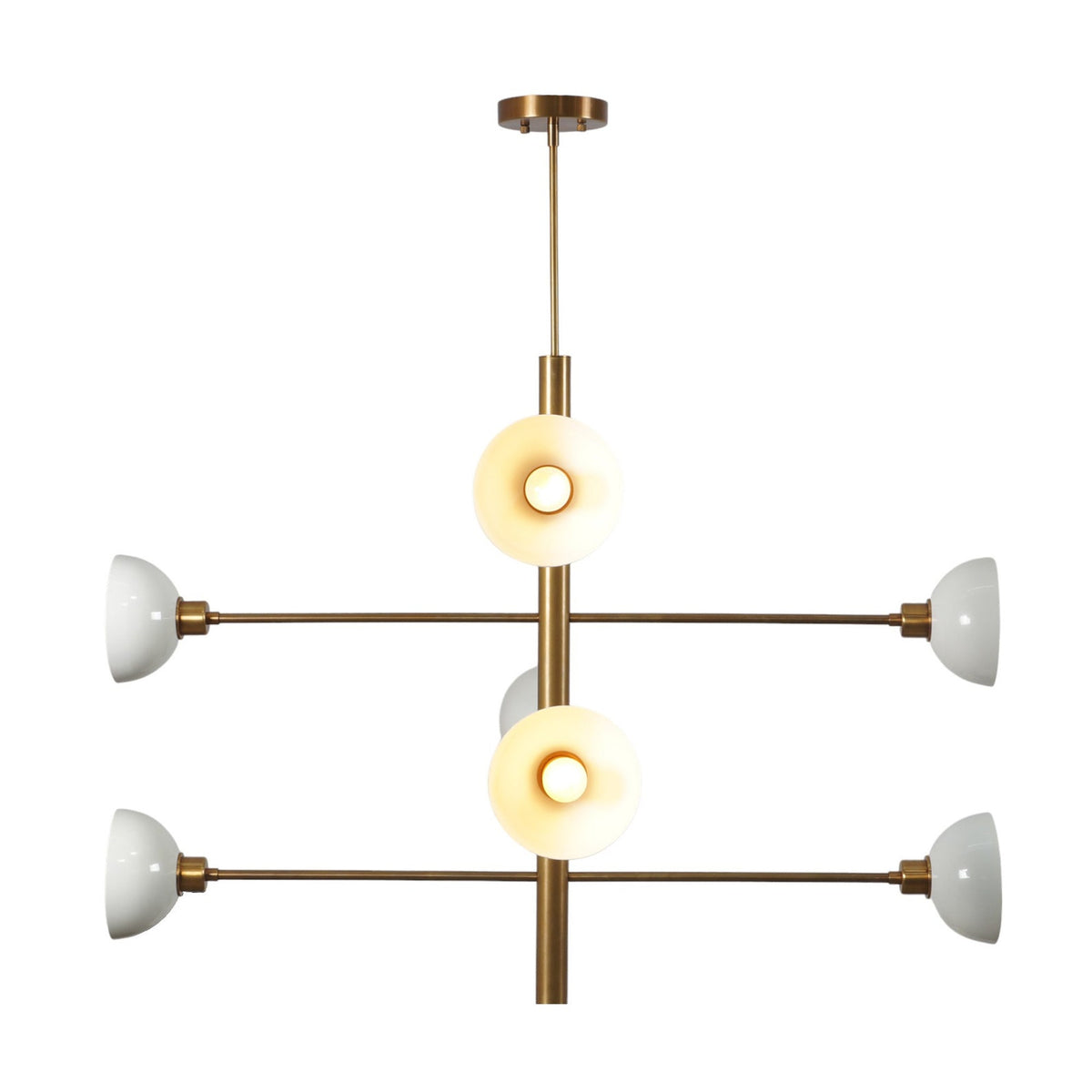 Mid-Century 8-Light Brass Chandelier with White Dome Shades | Handmade Vertical Lighting Fixture