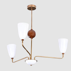 Mid-Century 4-Light Brass & Wood Chandelier – Sculptural Arm Fixture with Opal Glass Shades - 32215