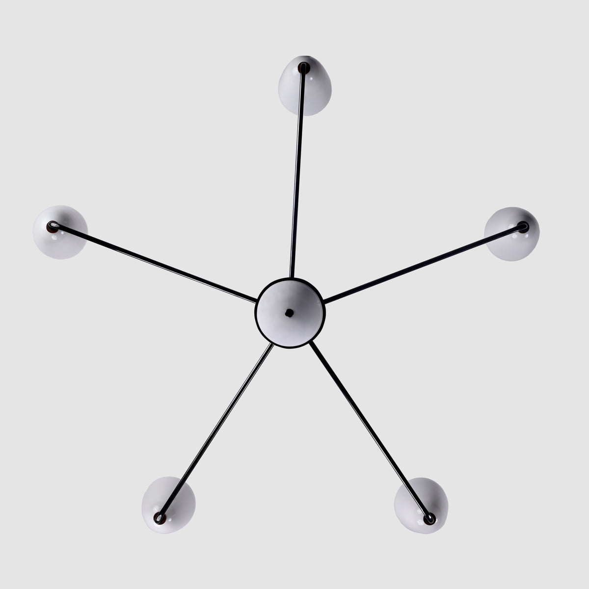 Mid-Century 6-Light Black & Wood Chandelier – Sculptural Arm Fixture with Opal Glass Shades - 32216