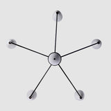 Mid-Century 6-Light Black & Wood Chandelier – Sculptural Arm Fixture with Opal Glass Shades - 32216