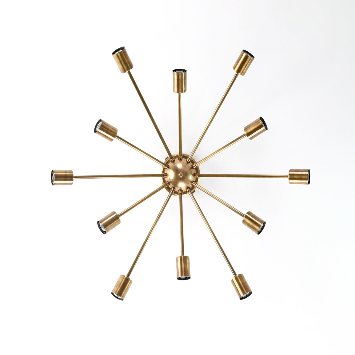 Antique Brass 12-Light Sputnik Chandelier – Industrial Mid-Century Flush Mount Starburst Ceiling Light Base - 32152