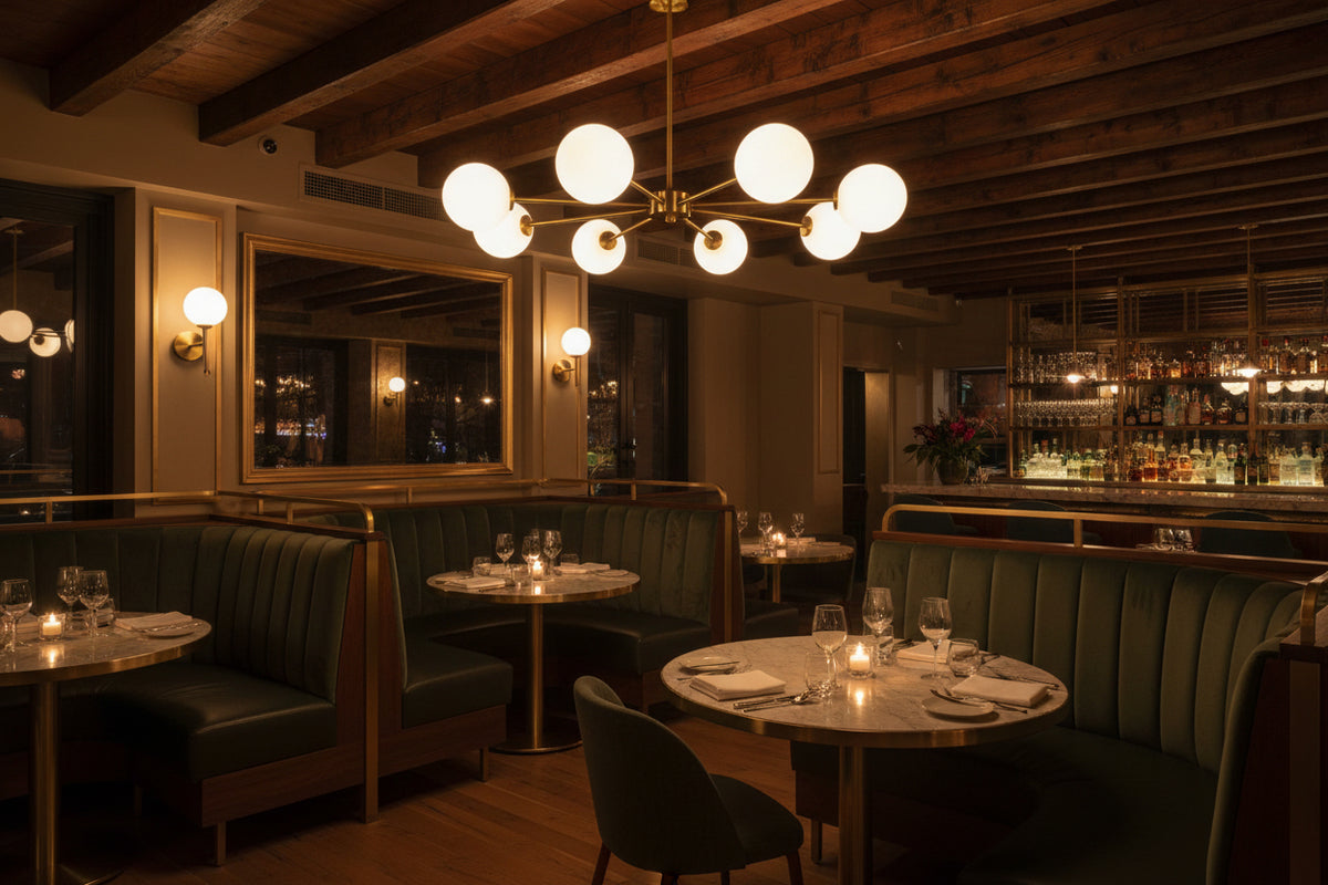 9-globe brass Sputnik ceiling light with brushed brass arms and soft warm multi-directional glow