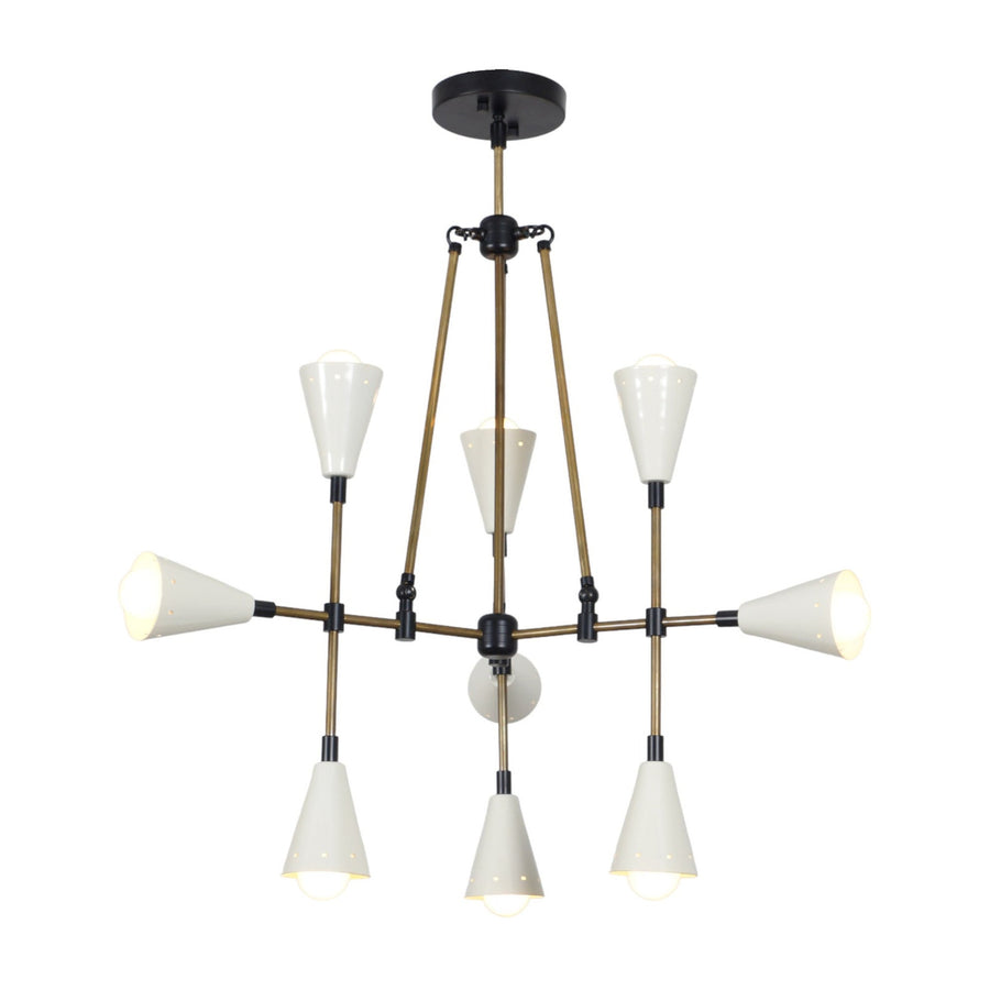 9-Light Mid-Century Brass Chandelier with Dual Cone Shades | Handmade Industrial Ceiling Light by Brass Leaf Studio