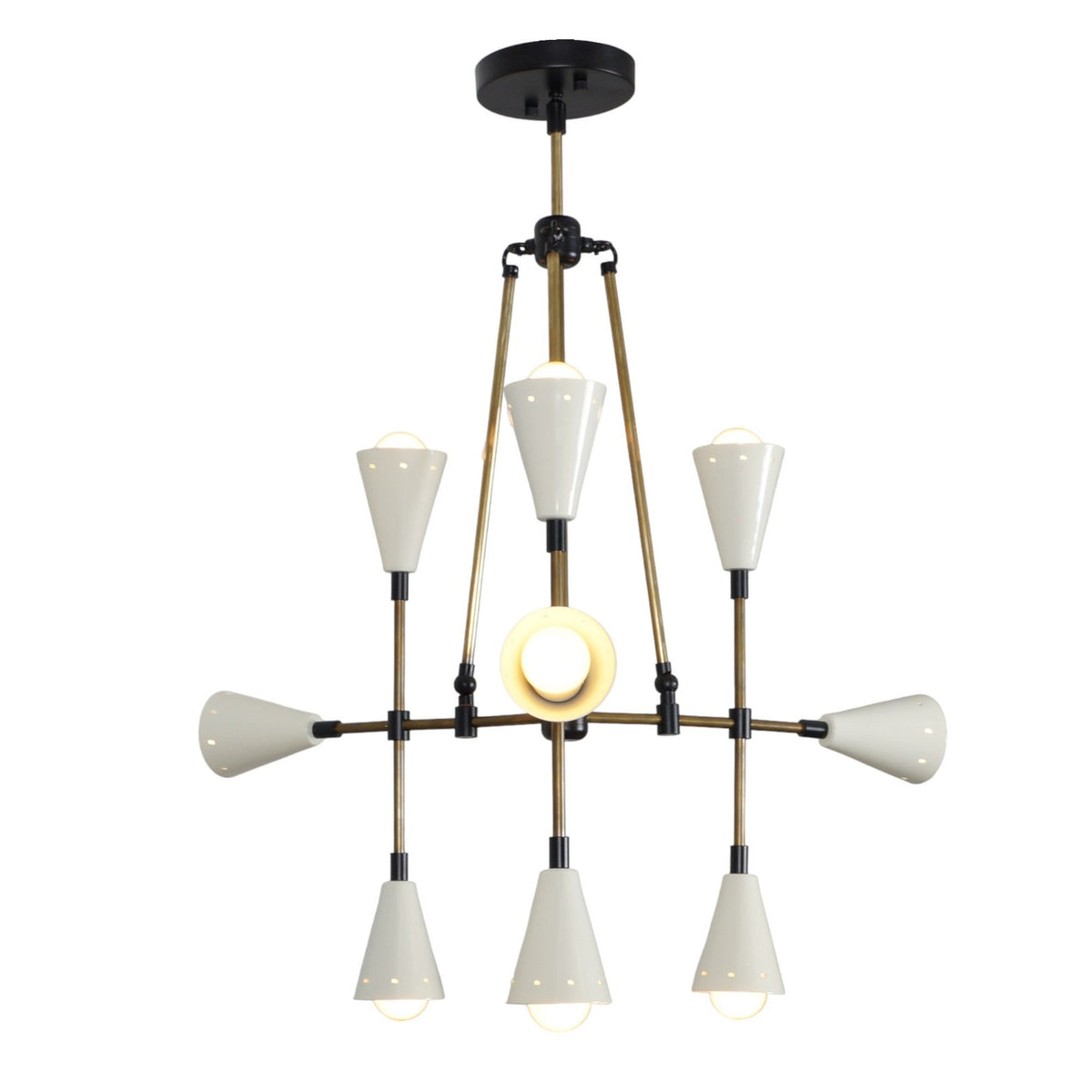 Custom 9-Light Brass Chandelier with Dual Cone Shades | Modern Handmade Industrial Ceiling Light Fixture