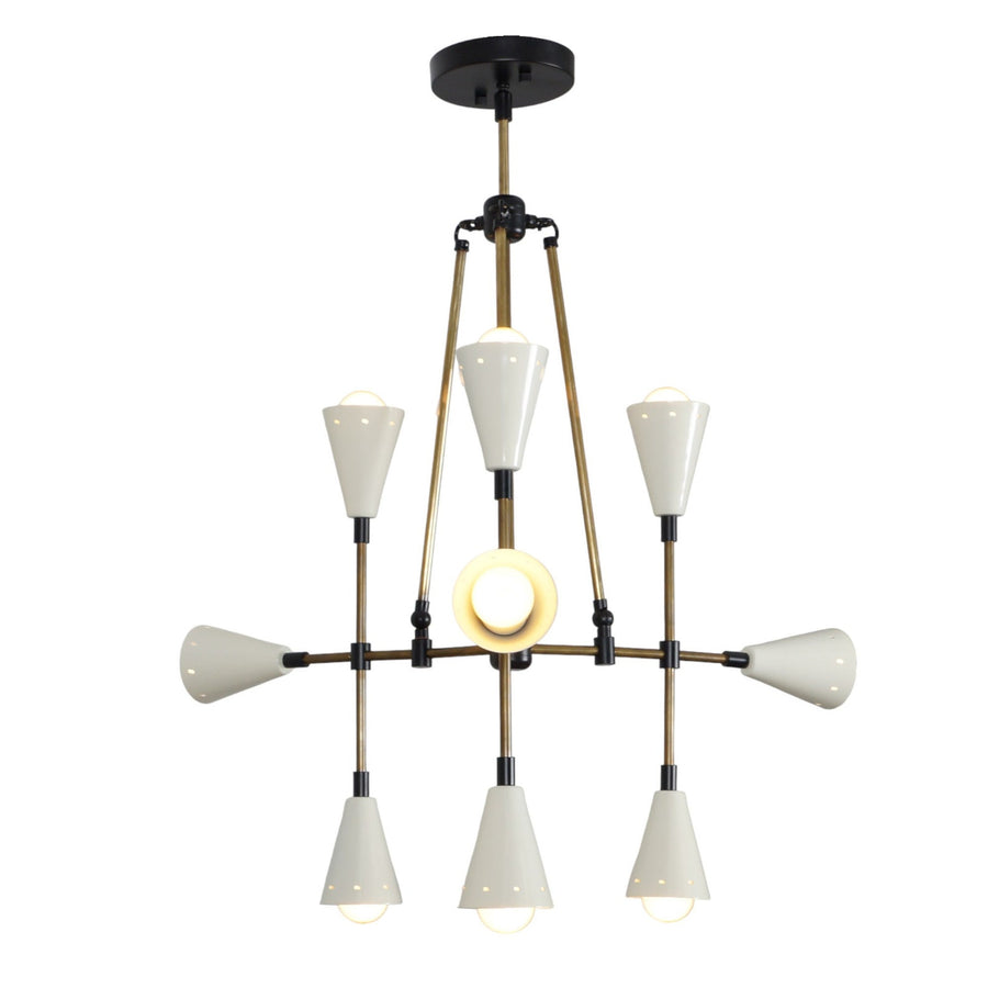 9-Light Mid-Century Brass Chandelier with Dual Cone Shades | Handmade Industrial Ceiling Light by Brass Leaf Studio