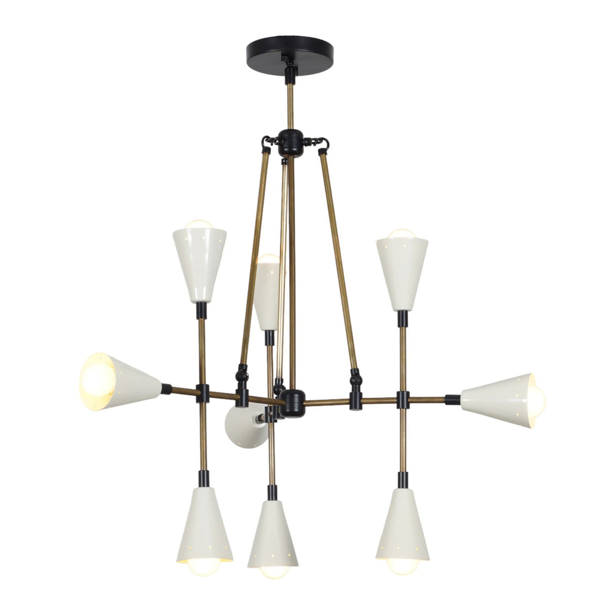 Modern 9-Light Brass Ceiling Chandelier | Dual Cone Shade Mid-Century Pendant Light by Brass Leaf Studio