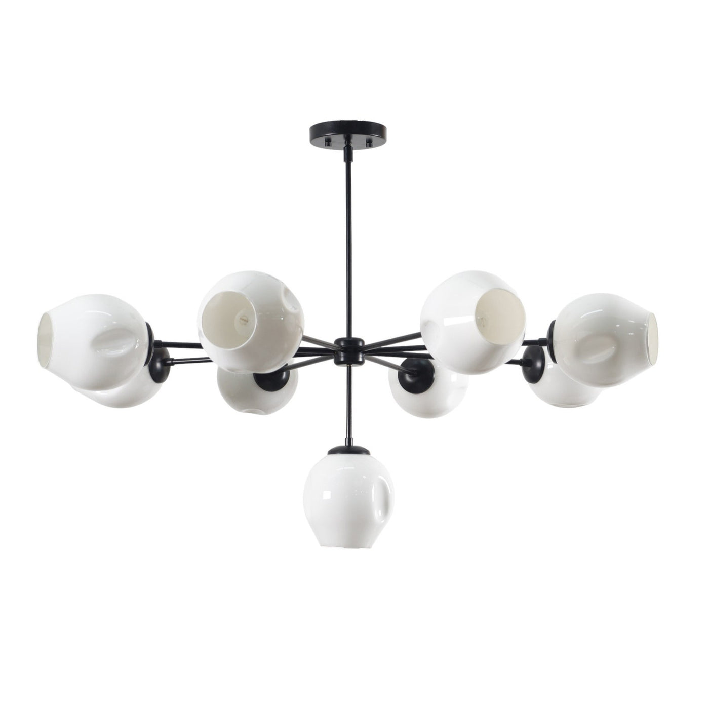 9-light modern brass chandelier with sculpted white shades and black frame by Brass Leaf Studio