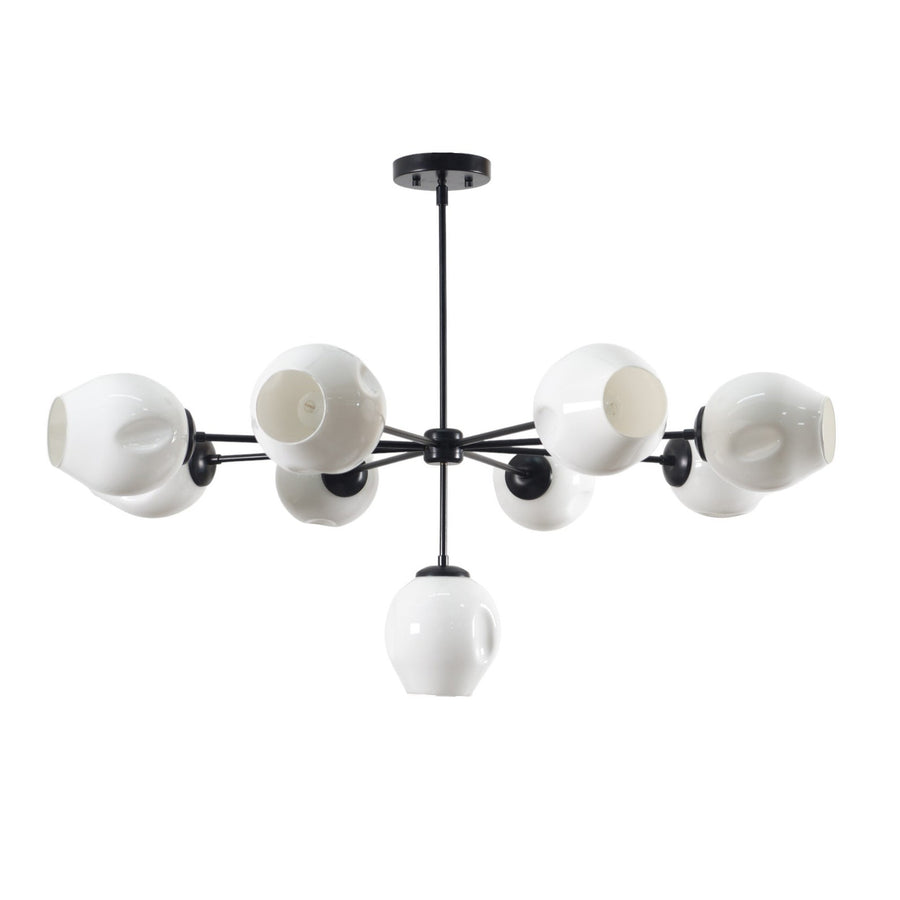 9-light modern brass chandelier with sculpted white shades and black frame by Brass Leaf Studio