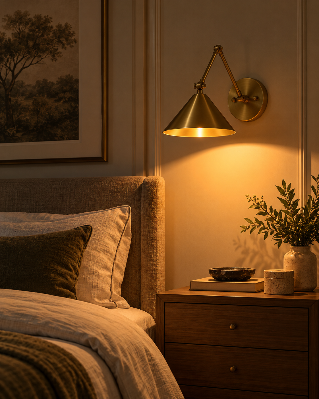 Adelaide 1-light brass cone wall sconce mounted beside an upholstered bed, casting warm bedside lighting over a walnut nightstand in a cozy bedroom.