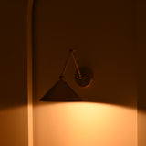 Adelaide brass cone wall sconce casting a focused pool of warm light downward in a dark, atmospheric interior with a sculptural silhouette.