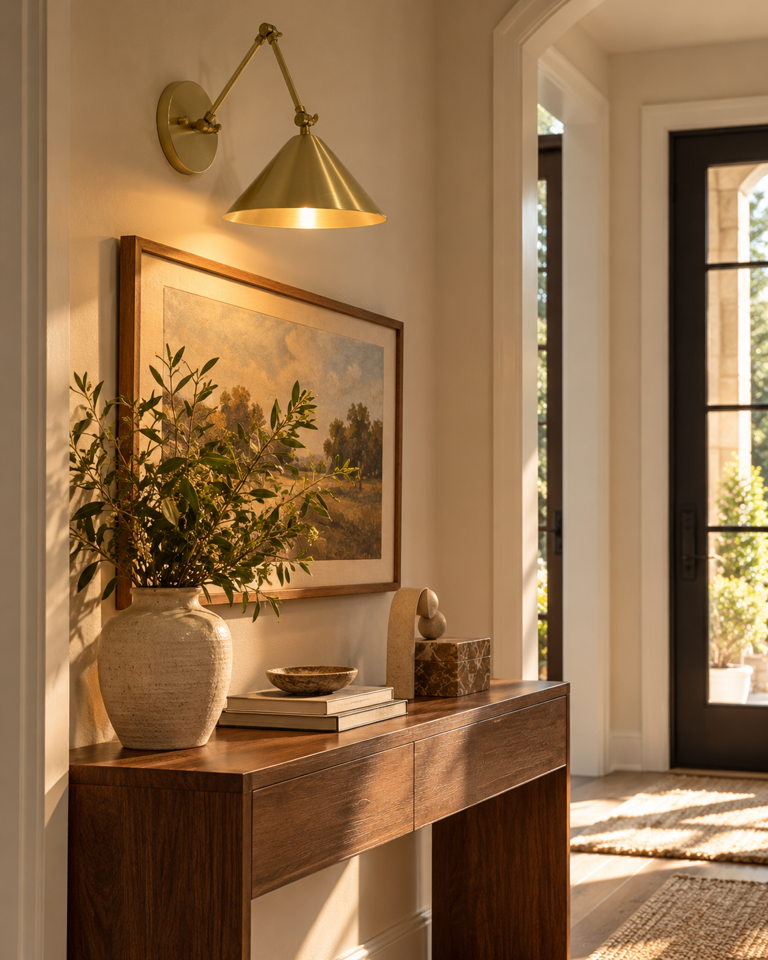  Adelaide brass cone wall sconce illuminating framed artwork above a wooden console table in an elegant sunlit entryway with natural decor.
