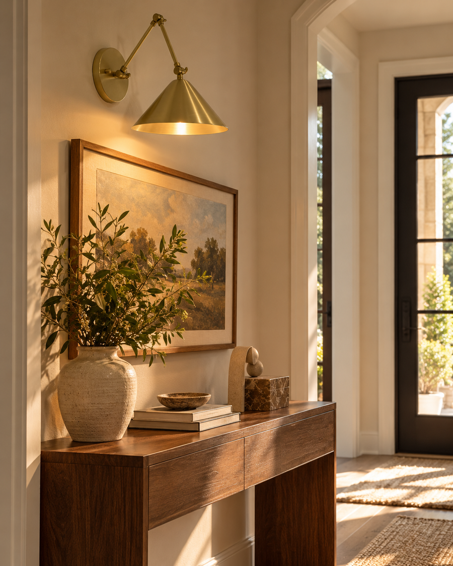  Adelaide brass cone wall sconce illuminating framed artwork above a wooden console table in an elegant sunlit entryway with natural decor.