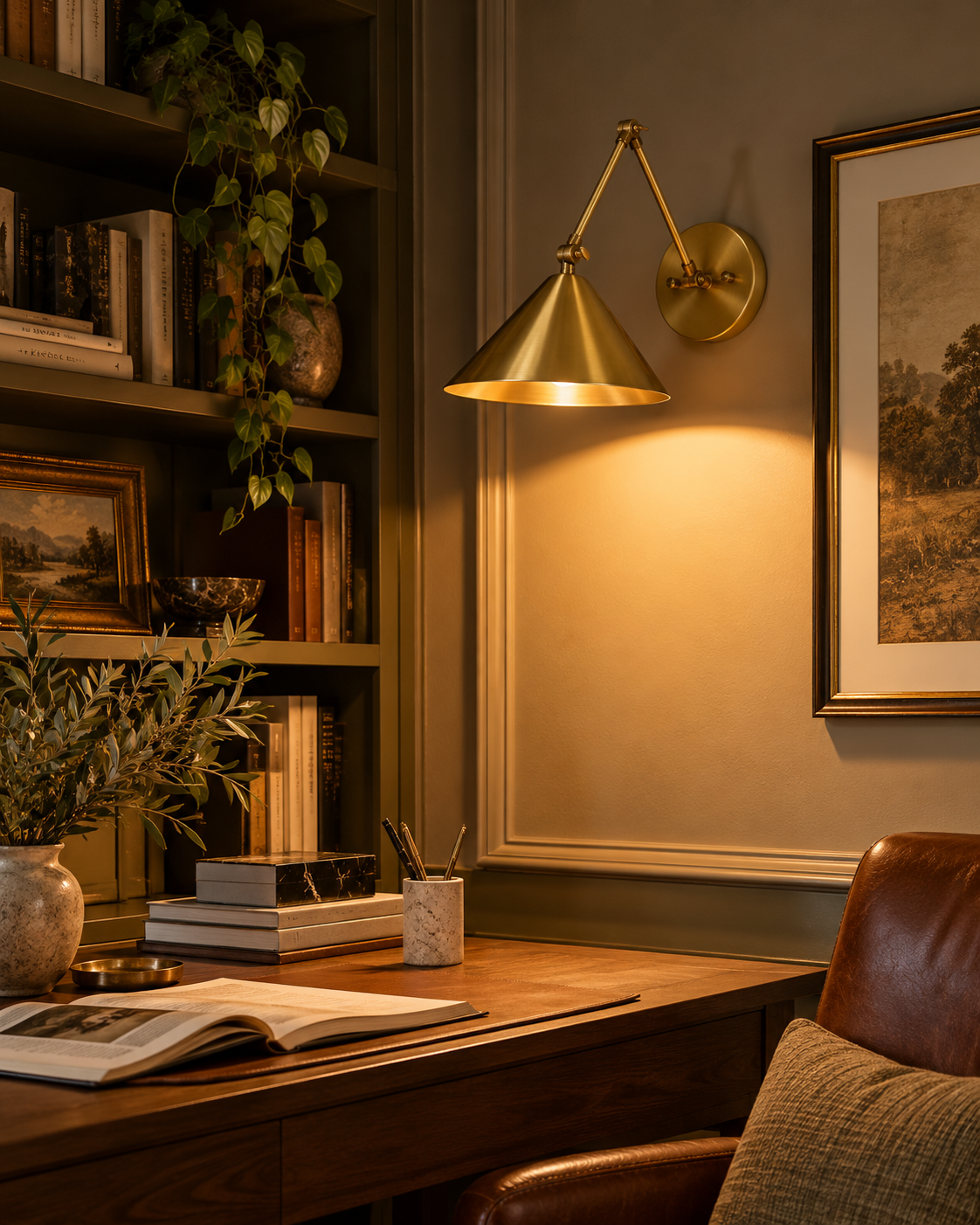 Adelaide brass cone wall sconce providing warm reading light above a wooden desk in a sophisticated home library with bookshelves and a leather chair.