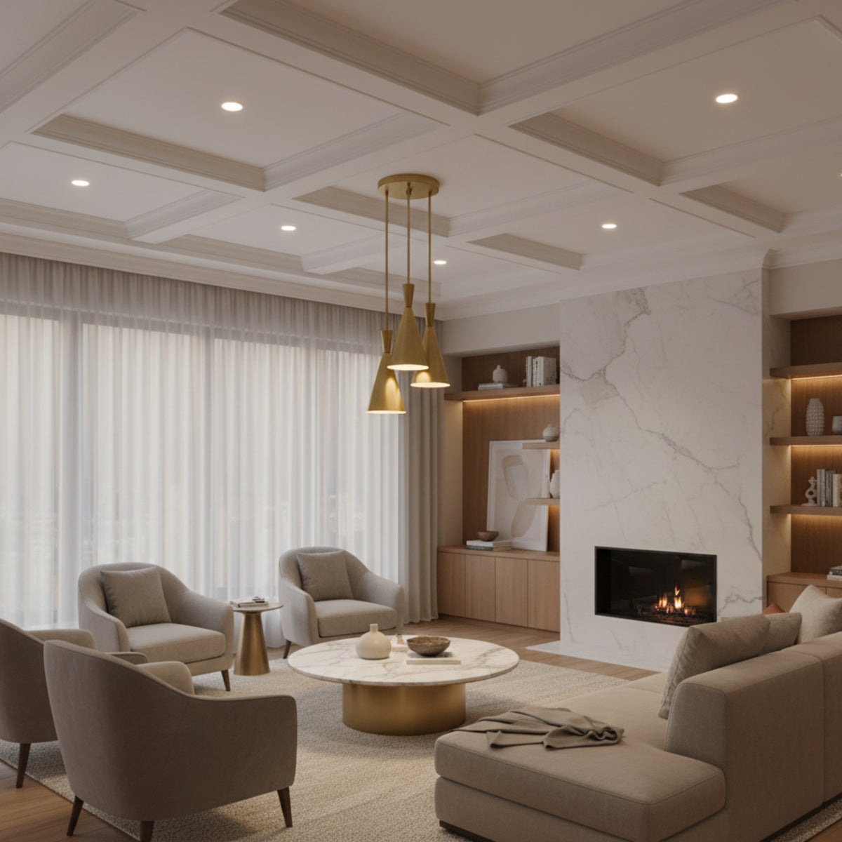 Adelaide 3 light sculptural pendant chandelier shown from an alternate angle highlighting its staggered brass-tone cone shades.