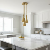 Adelaide 3 light Mid-Century Modern chandelier shown from the front highlighting its brass-tone cone shades and multi-level cluster design.