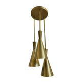 Adelaide 3 light brass cone chandelier shown from an angled view with sculptural tapered shades and slender suspension rods.