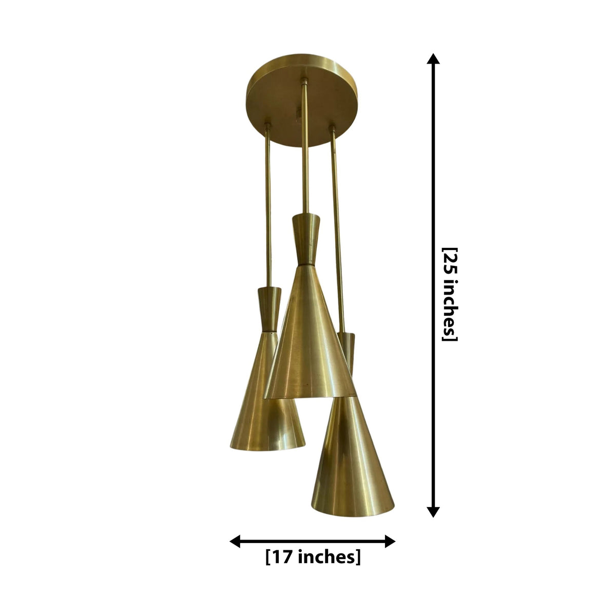 Adelaide 3 light cluster cone chandelier dimension view showing 17 inch width and 25 inch overall height.