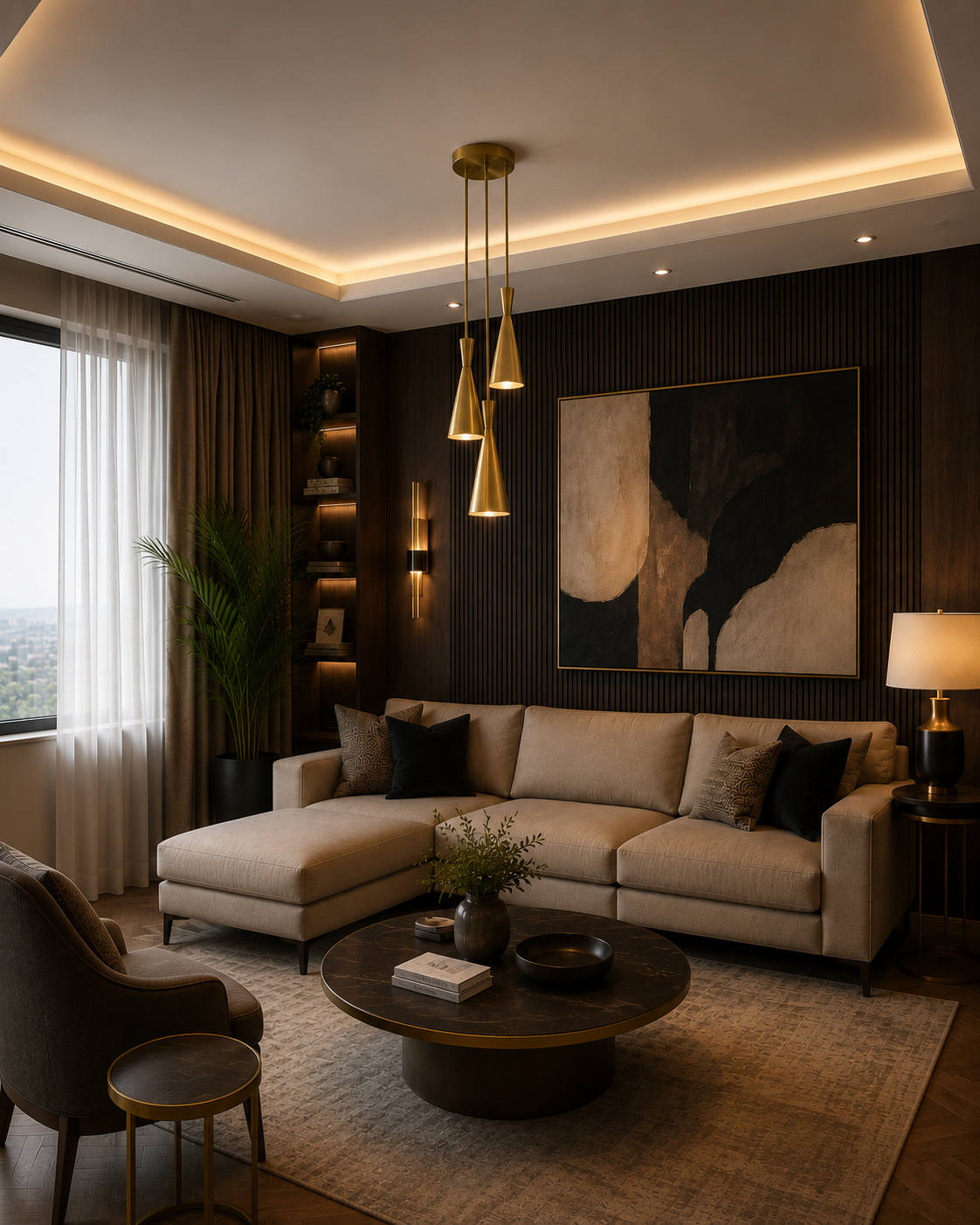 Adelaide 3 light brass-tone cluster cone chandelier illuminated in an elegant contemporary living room with warm ambient lighting.