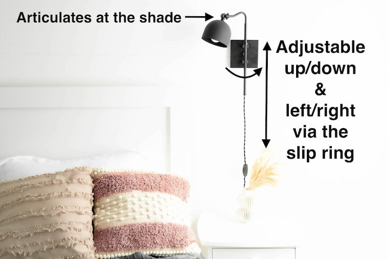 Diagram showing adjustable wall sconce shade articulation and up/down left/right movement via slip ring, modern swing arm wall lamp