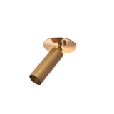 Angled view of Alden adjustable brass ceiling spotlight showing the pivoting cylindrical shade for directional lighting.