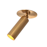 Close-up of Alden adjustable brass ceiling spotlight highlighting the solid brass cylindrical shade and adjustable swivel joint.
