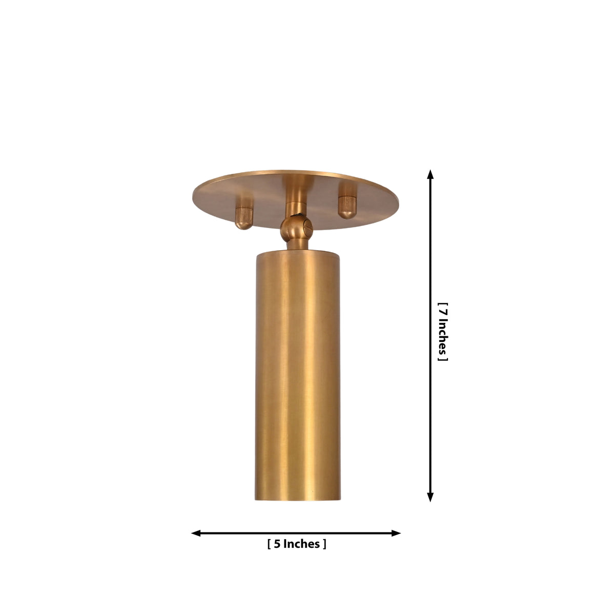 Dimension diagram of Alden adjustable brass ceiling spotlight measuring 5 inches wide with a 7-inch overall height and a 5-inch round ceiling canopy.