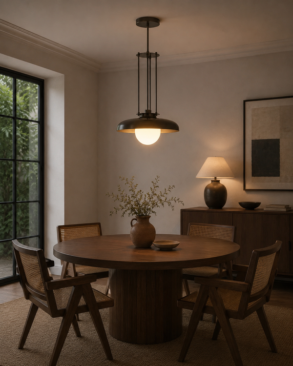 Alden 1-light industrial dome pendant chandelier displayed above a round dining table in a warm modern dining room – Model 33185