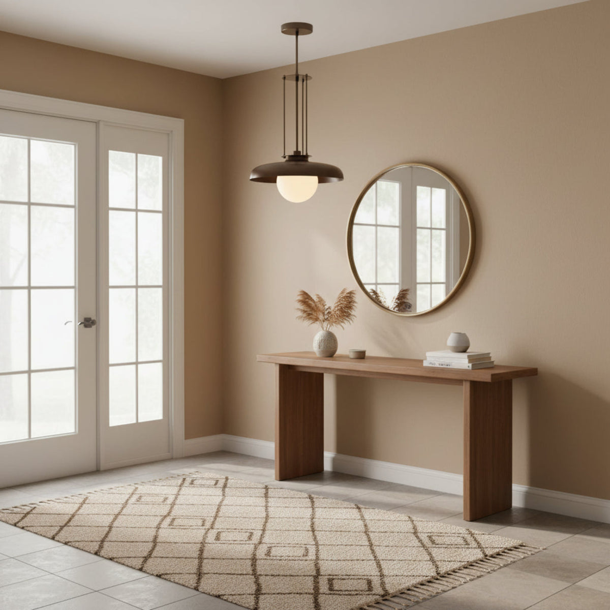 Full view of Alden industrial pendant chandelier with wide metal dome shade and structured vertical rod frame – Model 33185