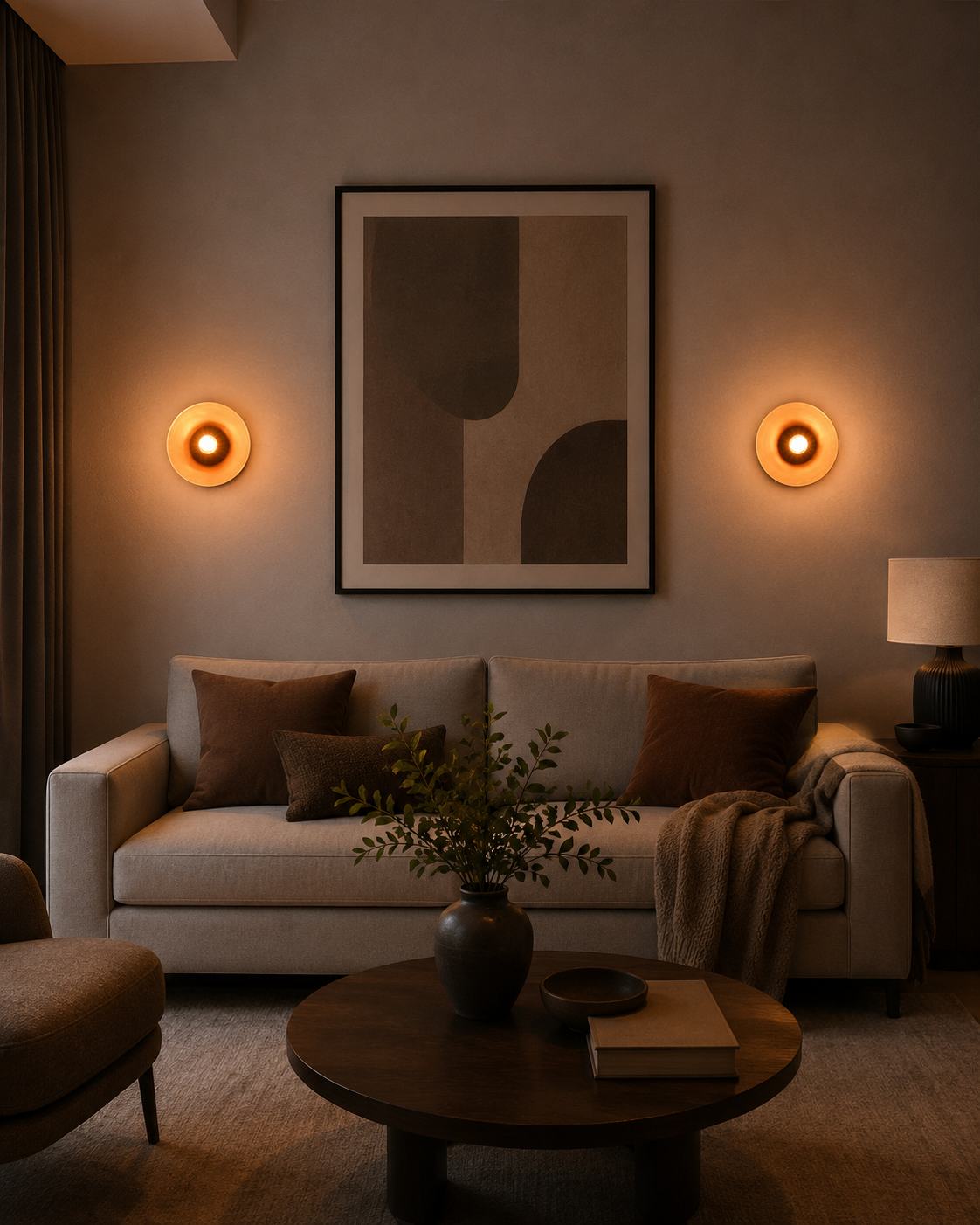 Two Alden Modern Dome Wall Sconces installed on a contemporary living room wall, providing warm accent lighting beside framed artwork.