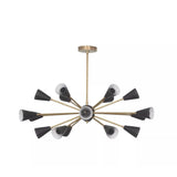 Alexandria 18 light Mid-Century Modern Sputnik chandelier shown from the front with black tapered cone shades and brass-tone arms.