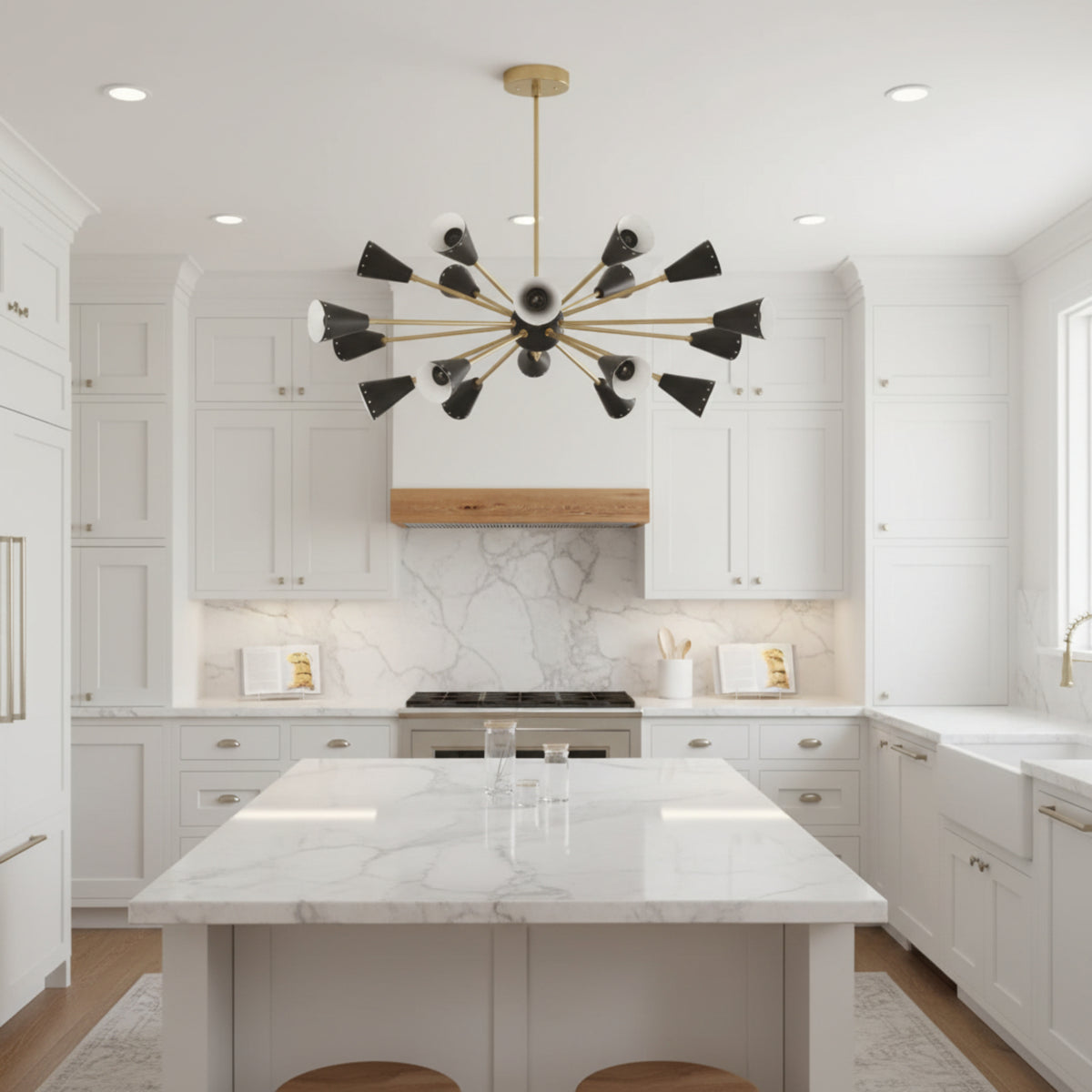 Alexandria 18 light black cone Sputnik chandelier shown from an angled view highlighting its radial brass-tone arms and sculptural starburst design.