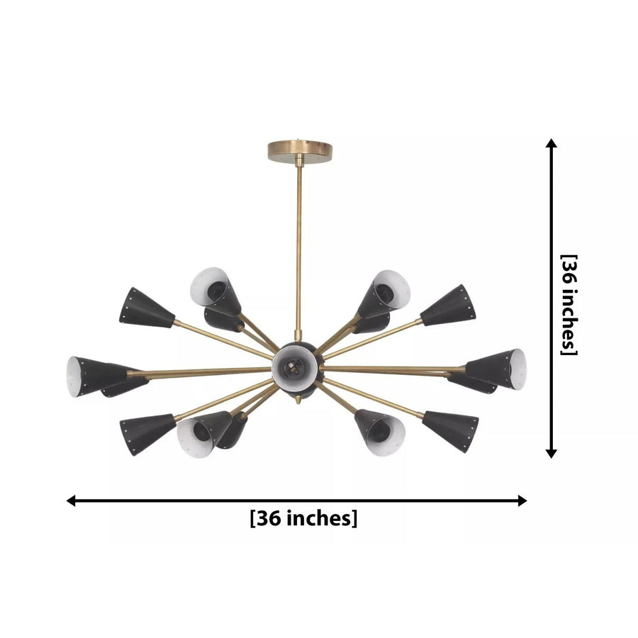 Alexandria 18 light black cone Sputnik chandelier shown from the front with brass-tone radial arms and contrasting white shade interiors.